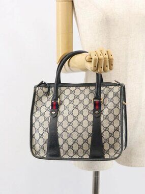 GUCCI GG Supreme Sherry Line Hand Bag PVC Navy Gold Auth 161618
